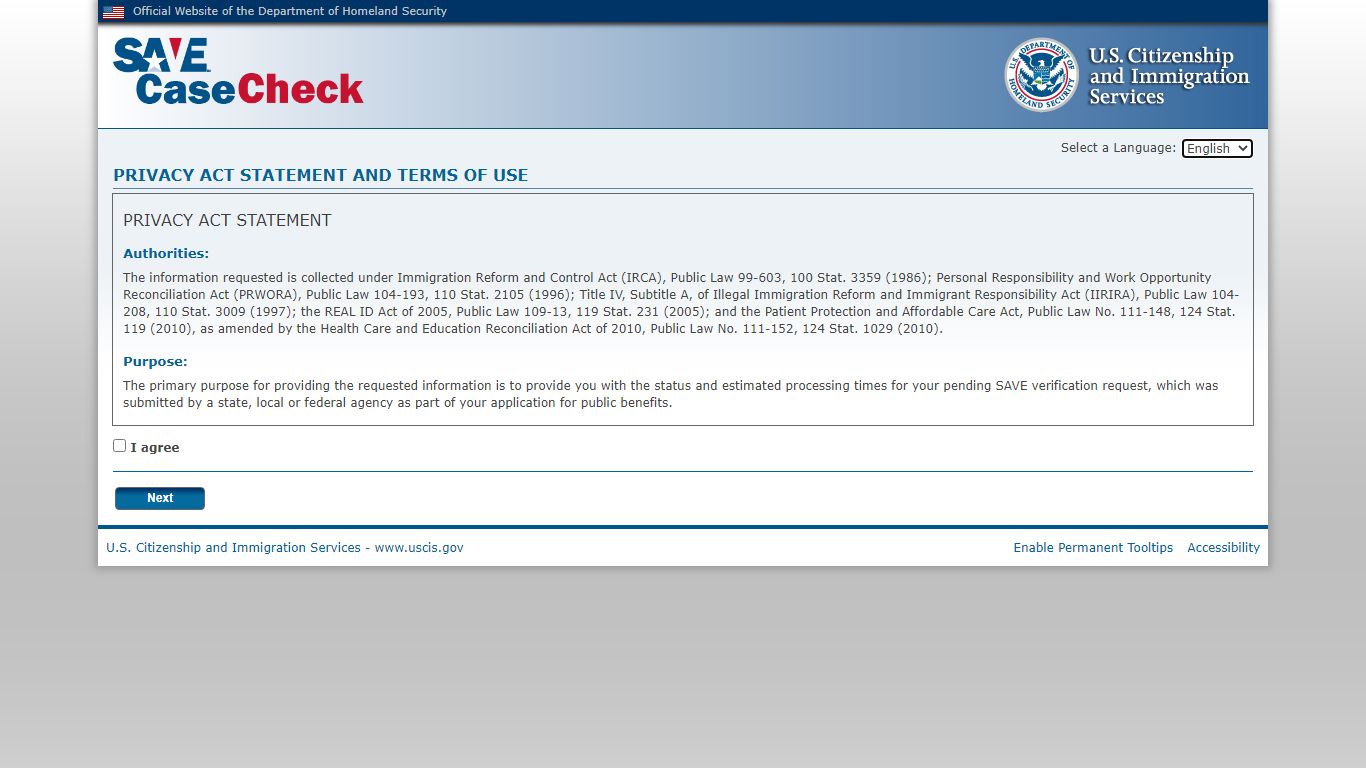 SAVE Case Check : Login Agreement - USCIS